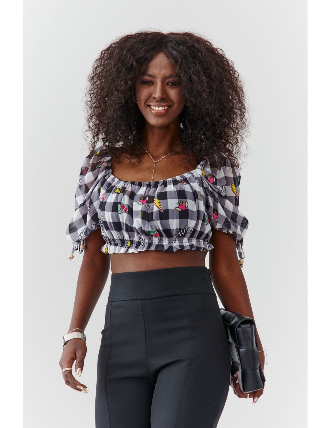 Checkered summer top with short sleeves, black 02050 - Online store - Boutique